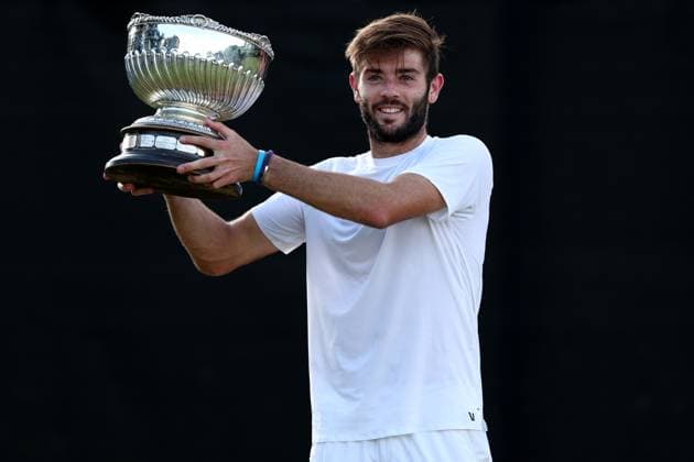 16th June 2024; Lexus Nottingham Tennis Centre, Nottingham, England; Rothesay Nottingham Open, Day 7; Jacob Fearnley celebrates with the mens singles title trophy after he beat Charles Broom by 4-6 6-4 6-3  ActionPlus12655326 ShaunxBrooks