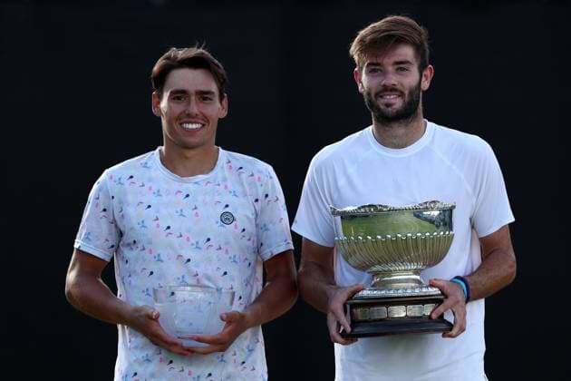 16th June 2024; Lexus Nottingham Tennis Centre, Nottingham, England; Rothesay Nottingham Open, Day 7; Jacob Fearnley with the mens singles title trophy and Charles Broom with the runners up trophy after a 3-set final  ActionPlus12655328 ShaunxBrooks