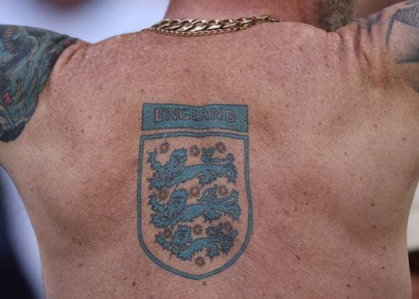 Gelsenkirchen, Germany, 16th June 2024. An England tattoo on th back of a fan during the UEFA European Championships match at Arena Aufschalke, Gelsenkirchen. Picture credit should read: David Klein Sportimage EDITORIAL USE ONLY. No use with unauthorised audio, video, data, fixture lists, club league logos or live services. Online in-match use limited to 120 images, no video emulation. No use in betting, games or single club league player publications. SPI-3196-0016