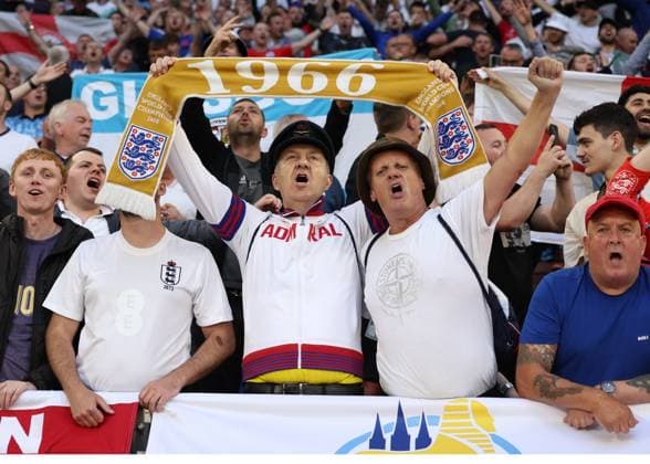 Gelsenkirchen, Germany, 16th June 2024. England fans before the UEFA European Championships match at Arena Aufschalke, Gelsenkirchen. Picture credit should read: David Klein Sportimage EDITORIAL USE ONLY. No use with unauthorised audio, video, data, fixture lists, club league logos or live services. Online in-match use limited to 120 images, no video emulation. No use in betting, games or single club league player publications. SPI-3196-0018