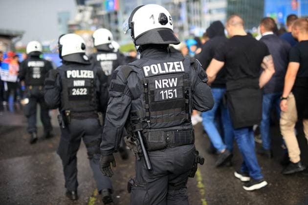 Football - UEFA EURO, EM, Europameisterschaft,Fussball 2024 - Group C - Serbia v England 16th June 2024 - UEFA EURO 2024 - Group C - Serbia v England - Police officers escort the fans to the stadium - Photo: Simon Stacpoole Offside. Gelsenkirchen Germany Copyright: xSimonxStacpoolexOffside