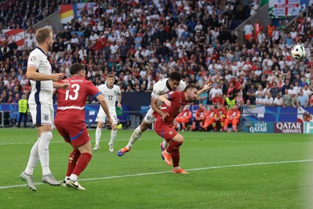 Gelsenkirchen, Germany, 16th June 2024. Jude Bellingham of England scores to give the side a 1-0 lead during the UEFA European Championships match at Arena Aufschalke, Gelsenkirchen. Picture credit should read: Jonathan Moscrop Sportimage EDITORIAL USE ONLY. No use with unauthorised audio, video, data, fixture lists, club league logos or live services. Online in-match use limited to 120 images, no video emulation. No use in betting, games or single club league player publications. SPI-3183-0002