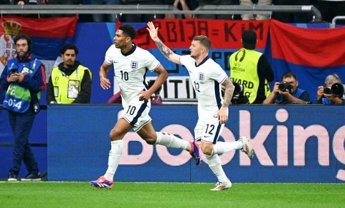 Fussball, Europameisterschaft, EURO 2024, Gruppe C, Veltins Arena Gelsenkirchen: Serbien - England; Jubel Jude Bellingham (ENG) nach seinem Tor zum 0:1. Jubel, Freude, Aktion.