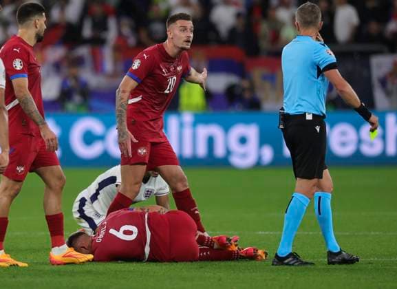 Serbia v England UEFA EURO, EM, Europameisterschaft,Fussball 2024 Group C Sergej MilinkoviÄ?-SaviÄ? reacts after Nemanja Gudelj of Serbia tackles Jude Bellingham of England (hidden) during the UEFA Euro 2024 Group C match between Serbia and England at Veltins-Arena, Gelsenkirchen Copyright: xPaulxChestertonx FIL-20270-0079 UK Newspapers OUT