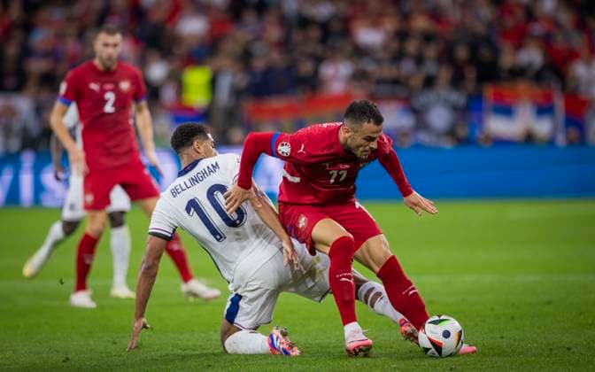 Gelsenkirchen, Germany. 16th Jun 2024. Filip Kostic (SRB) Jude Bellingham (ENG) England - Serbia England - Serbien 15.06.2024