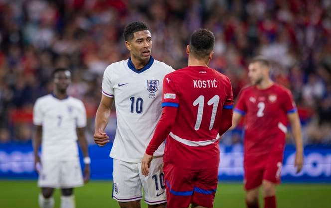 Gelsenkirchen, Germany. 16th Jun 2024. Filip Kostic (SRB) Jude Bellingham (ENG) England - Serbia England - Serbien 15.06.2024