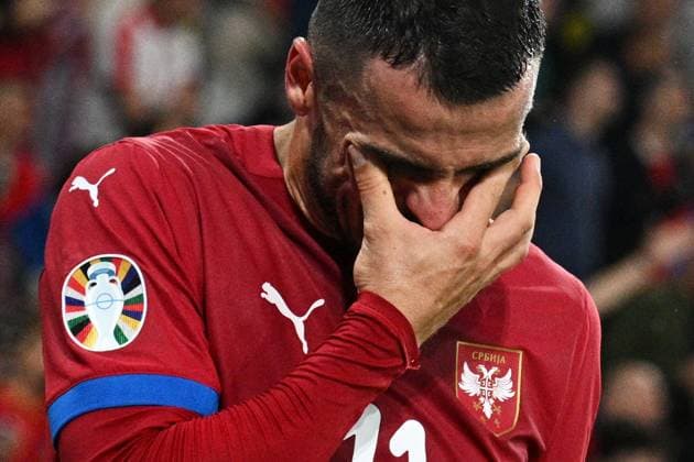 Fußball EURO 2024 Serbia - England 8709280 16.06.2024 Serbia s Filip Kostic reacts during the UEFA EURO, EM, Europameisterschaft,Fussball 2024 Group C soccer match between Serbia and England at Arena AufSchalke, in Gelsenkirchen, Germany. Alexey Filippov Sputnik Gelsenkirchen Germany  Copyright: xAlexeyxFilippovx