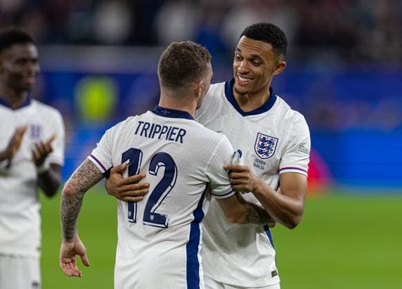 Football - UEFA EURO, EM, Europameisterschaft,Fussball 2024 - Group C - Serbia v England GELSENKIRCHEN, GERMANY - Sunday, June 16, 2024: England s Trent Alexander-Arnold (R) celebrates with team-mate Kieran Trippier after the UEFA Euro 2024 Group C match between Serbia and England at the Arena AufSchalke. England won 1-0. (Photo by David Rawcliffe Propaganda) GELSENKIRCHEN Arena AufSchalke NORTH RHINE-WESTPHALIA GERMANY  Copyright: xDavidxRawcliffex P2024-06-16-Serbia_England-93