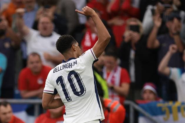 Gelsenkirchen, Germany, 16th June 2024. Jude Bellingham of England celebrates after scoring to give the side a 1-0 lead during the UEFA European Championships match at Arena Aufschalke, Gelsenkirchen. Picture credit should read: Jonathan Moscrop Sportimage EDITORIAL USE ONLY. No use with unauthorised audio, video, data, fixture lists, club league logos or live services. Online in-match use limited to 120 images, no video emulation. No use in betting, games or single club league player publications. SPI-3183-0020