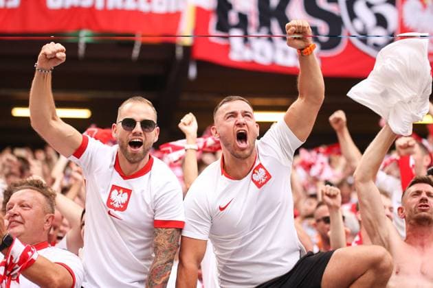 June 16, 2024, Hamburg, Germany: Supporters of Poland celebrate as their team scores a goal during the UEFA EURO, EM, Europameisterschaft,Fussball 2024 group D match between Poland and the Netherlands at the Volksparkstadion. Hamburg Germany - ZUMAs197 20240616_aaa_s197_232 Copyright: xSergeixMikhailichenkox