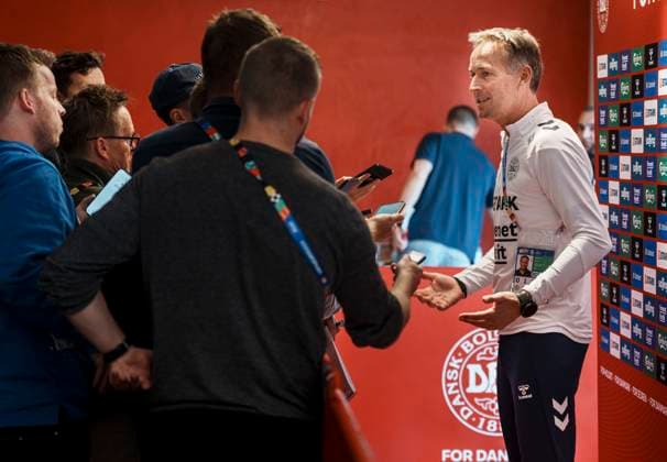 Danish coach Kasper Hjulmand speaks to the press during mixed zone in Freudenstadt, Germany Monday, June 17, 2024. (Photo: Liselotte Sabroe Ritzau Scanpix) , Stuttgart Tyskland Copyright: Ritzau Scanpix LiselottexSabroex spdk20240617-115727-L