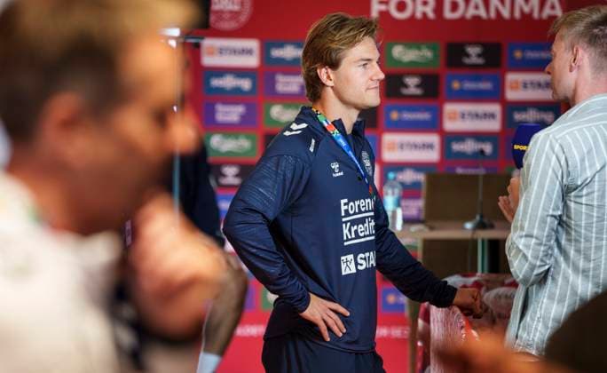 Danish defender Joachim Andersen speaks to the press during mixed zone in Freudenstadt, Germany Monday, June 17, 2024. (Photo: Liselotte Sabroe Ritzau Scanpix) , Stuttgart Tyskland Copyright: Ritzau Scanpix LiselottexSabroex spdk20240617-121501-L