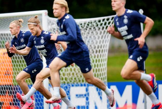 Simon Kjaer, Mathias Jensen, Kasper Dolberg and Rasmus Nissen Kristensen (seen from left) during the national team, Nationalteam s training in Freudenstadt, Monday, June 17, 2024. (Photo: Liselotte Sabroe Ritzau Scanpix) , Stuttgart Tyskland Copyright: Ritzau Scanpix LiselottexSabroex spdk20240617-140113-L