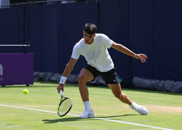 17th June 2024; Cinch Championships, Queens Club, West Kensington, London, England: Cinch Championships Queens Club, Day 1; Carlos Alcaraz (ESP) practising on court 7  ActionPlus12655612 JohnxPatrickxFletcher