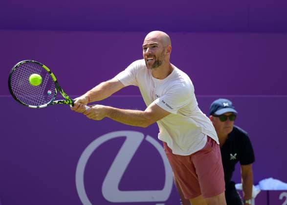 17th June 2024; Cinch Championships, Queens Club, West Kensington, London, England: Cinch Championships Queens Club, Day 1; Adrian Mannarino (FRA) with a backhand shot to Grigor Dimitrov (BUL) mens singles  ActionPlus12655622 JohnxPatrickxFletcher