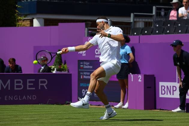 17th June 2024; Cinch Championships, Queens Club, West Kensington, London, England: Cinch Championships Queens Club, Day 1; Grigor Dimitrov (BUL) with a forehand shot to Adrian Mannarino (FRA) mens singles  ActionPlus12655626 JohnxPatrickxFletcher