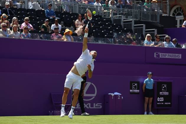 17th June 2024; Cinch Championships, Queens Club, West Kensington, London, England: Cinch Championships Queens Club, Day 1; Grigor Dimitrov (BUL) serves to Adrian Mannarino (FRA) mens singles  ActionPlus12655628 JohnxPatrickxFletcher