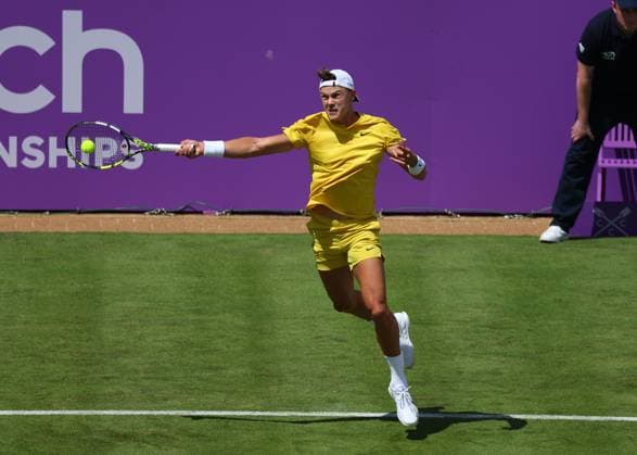 17th June 2024; Cinch Championships, Queens Club, West Kensington, London, England: Cinch Championships Queens Club, Day 1; Holger Rune (DEN) with a forehand shot to Jordan Thompson (AUS) , mens singles match  ActionPlus12655729 JohnxPatrickxFletcher