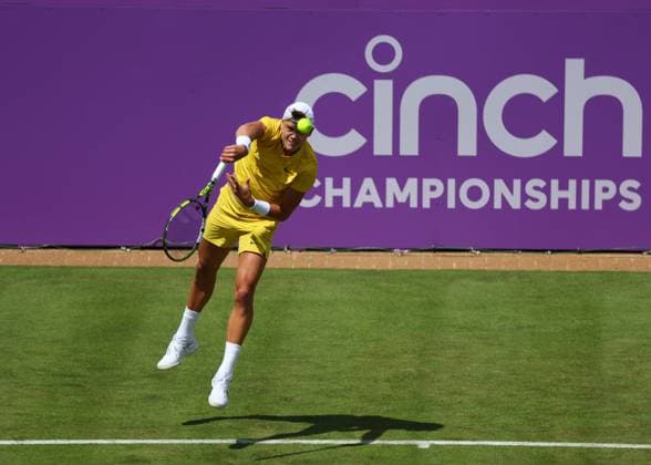 17th June 2024; Cinch Championships, Queens Club, West Kensington, London, England: Cinch Championships Queens Club, Day 1; Holger Rune (DEN) serves to Jordan Thompson (AUS) , mens singles match  ActionPlus12655733 JohnxPatrickxFletcher