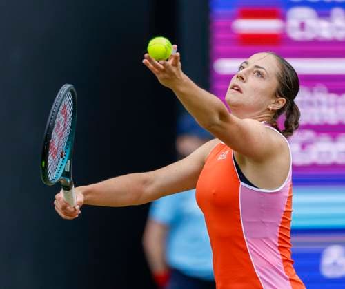 17th June 2024; Edgbaston Priory Club, Birmingham, England: Rothesay Tennis Classic Birmingham, Day 1; Elizabetta Cocciaretto (ITA) serves in her womens singles match against Jelena Ostapenko (LAT)  ActionPlus12655768 RogerxEvans