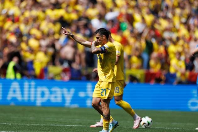 Nicolae Stanciu celebrates after scoring goal during UEFA EURO, EM, Europameisterschaft,Fussball 2024 game between national teams of Romania and Ukraine at Allianz Arena, Munich, Germany (Maciej Rogowski) Munich Allianz Arena Germany Copyright: xMaciejxRogowskix romukr-5