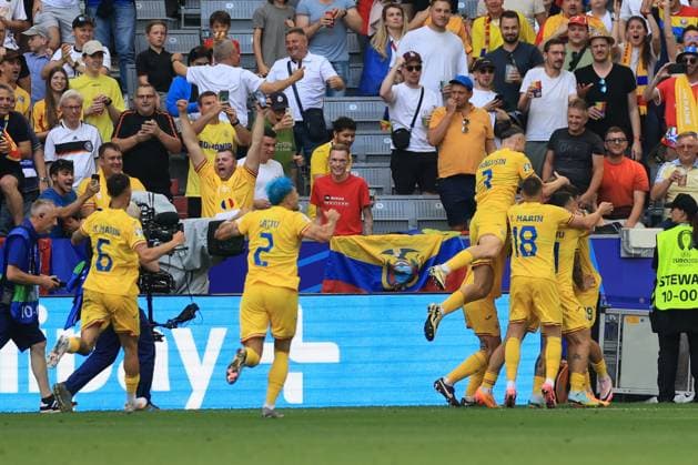 17th June 2024; Munich Football Arena, Munich, Germany; Euro 2024 Group E Football, Romania versus Ukraine; Dragu& x219;, (rom) celebrates as he scores for 3-0 in the 57th minute  ActionPlus12655816 PierrexTeyssot