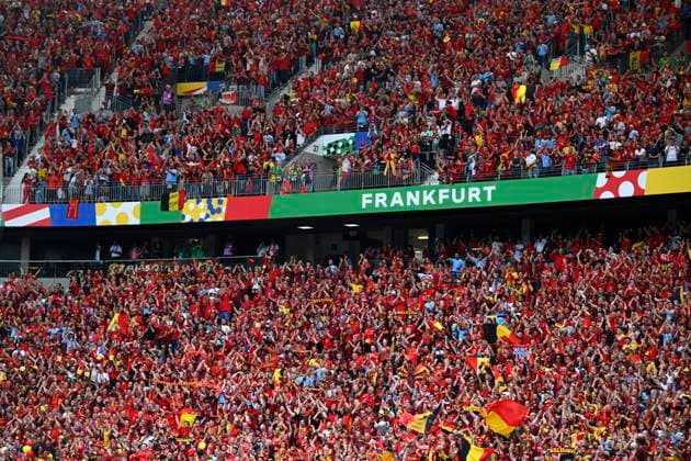 Belgium v Slovakia Group E - UEFA EURO, EM, Europameisterschaft,Fussball 2024 FRANKFURT AM MAIN, GERMANY - JUNE 17 : belgian supporters and fans during the UEFA EURO 2024 European Football Championship tournament group E stage match between Belgium and Slovakia at Frankfurt Arena on June 17, 2024 in Frankfurt am Main, Germany, 17 06 2024 Frankfurt am Main Germany  Copyright: xVincentxKalutx