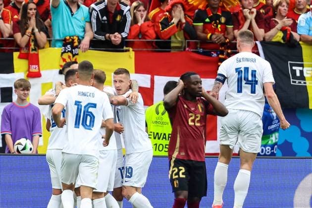 Totr fuer Slovakia 1:0 durch Ivan Schranz (Slovakei 26) GER, Belgium (BEL) vs. Slovakia (SVK), Fussball Europameisterschaft, UEFA EURO, EM, Europameisterschaft,Fussball 2024, Gruppe E, 1. Spieltag, 17.06.2024 DFB DFL REGULATIONS PROHIBIT ANY USE OF PHOTOGRAPHS AS IMAGE SEQUENCES AND OR QUASI-VIDEO GER, Belgium (BEL) vs. Slovakia (SVK), Fussball Europameisterschaft, UEFA EURO 2024, Gruppe E, 1. Spieltag, 17.06.2024 Frankfurt Copyright: xEibner-Pressefoto RogerxBuerkex EP