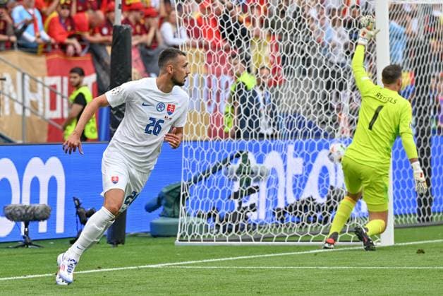 240617 EURO2024 BELGIUM VS SLOVAKIA Ivan Schranz (26) of Slovakia celebrates after scoring the 0-1 goal during a soccer game between the national teams of Belgium, called the Red Devils and Slovakia on the first matchday in Group E in the group stage of the UEFA EURO, EM, Europameisterschaft,Fussball 2024 tournament , on Monday 17 June 2024 in Frankfurt , Germany . PHOTO SPORTPIX David Catry FRANKFURT GERMANY  Copyright: xx 463614