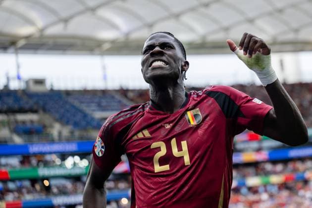 240617 Amadou Onana of Belgium celebrates a goal that was later disallowed during the UEFA EURO, EM, Europameisterschaft,Fussball 2024 Football Championship match between Belgium and Slovakia on June 17, 2024 in Frankfurt. Photo: Mathias Bergeld BILDBYRAN kod MB MB0937 fotboll football soccer fotball fotbolls-em europamästerskap em uefa euro uefa european football championship euro 2024 belgien belgium slovakien slovakia bbeng jubel Copyright: MATHIASxBERGELD BB240617MB084