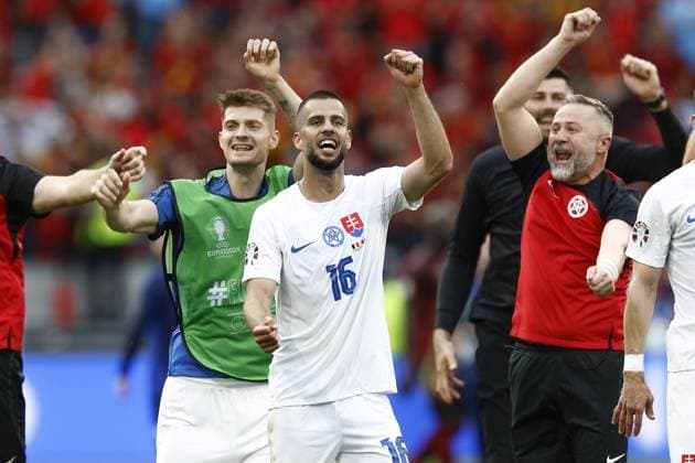 Sport Bilder des Tages FRANKFURT, Arena Frankfurt, 17-06-2024 , European Football Championship Euro2024, Group stage match no.9 between Belgium and Slovakia. Slovakia player David Hancko celebrate the victory against Belgium, end result 0-1 Belguim - Slovakia (Euro2024)  x25518724x Copyright: