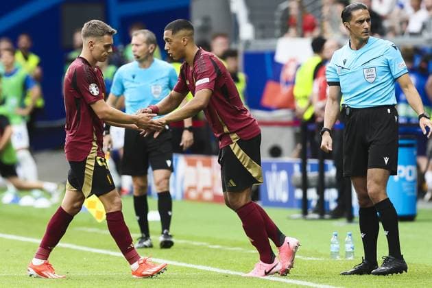 Belgium s Leandro Trossard and Belgium s Youri Tielemans pictured during a soccer game between Belgian national soccer team Red Devils and Slovakia, Monday 17 June 2024 in Frankfurt Am Main, Germany, the first match in the group stage of the UEFA EURO, EM, Europameisterschaft,Fussball 2024 European championships. BRUNOxFAHY  x94750008x