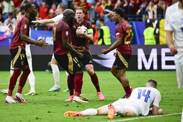 Belgium s Romelu Lukaku celebrates after scoring before the goal was cancelled for a hand fault earlier in the phase duringduring a soccer game between Belgian national soccer team Red Devils and Slovakia, Monday 17 June 2024 in Frankfurt Am Main, Germany, the first match in the group stage of the UEFA EURO, EM, Europameisterschaft,Fussball 2024 European championships. DIRKxWAEM  x94750601x