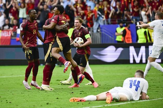 Belgium s Romelu Lukaku celebrates after scoring before the goal was cancelled for a hand fault earlier in the phase duringduring a soccer game between Belgian national soccer team Red Devils and Slovakia, Monday 17 June 2024 in Frankfurt Am Main, Germany, the first match in the group stage of the UEFA EURO, EM, Europameisterschaft,Fussball 2024 European championships. DIRKxWAEM  x94750611x