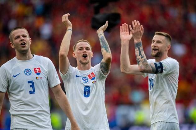 FRANKFURT AM MAIN, GERMANY - JUNE 17: Denis Vavro, Ondrej Duda, Milan Skriniar of Slovakia celebrate winning the UEFA EURO, EM, Europameisterschaft,Fussball 2024 group stage match between Belgium and Slovakia at Frankfurt Arena on June 17, 2024 in Frankfurt am Main, Germany. Photo by Sebastian Frej Belgium v Slovakia: Group E - UEFA EURO 2024 Copyright: xSebastianxFrejx