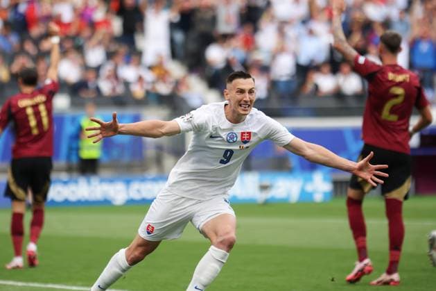Belgium-Slovakia UEFA EURO, EM, Europameisterschaft,Fussball 2024 in Frankfurt am Main, Germany - 17 Jun 2024 Róbert Boženík of Slovakia celebrates after Slovakia scores a goal during the UEFA EURO 2024 European Football Championship tournament group E stage match between Belgium and Slovakia at Frankfurt Arena. Final score : Slovakia 1 : 0 Belgium Frankfurt am Main Germany Copyright: xSergeixMikhailichenkox xSOPAxImagesx Mikhailichenko_Bel-Svk1