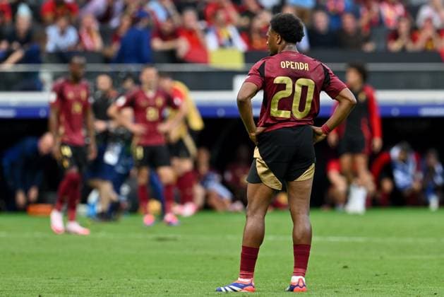 240617 EURO2024 BELGIUM VS SLOVAKIA Lois Openda (20) of Belgium looking dejected and disappointed after a soccer game between the national teams of Belgium, called the Red Devils and Slovakia on the first matchday in Group E in the group stage of the UEFA EURO, EM, Europameisterschaft,Fussball 2024 tournament , on Monday 17 June 2024 in Frankfurt , Germany . PHOTO SPORTPIX David Catry FRANKFURT GERMANY  Copyright: xx 464219