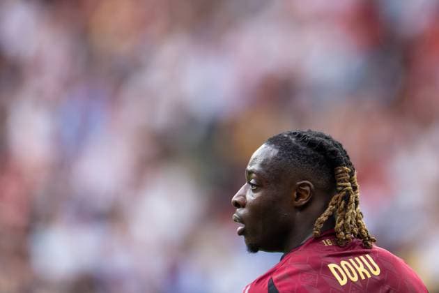 2024-06-17 Belgium v Slovakia - Group E - UEFA EURO, EM, Europameisterschaft,Fussball 2024 FRANKFURT, GERMANY - JUNE 17: Jeremy Doku of Belgium looks on during the Group E - UEFA EURO 2024 match between Belgium and Slovakia at Deutsche Bank Park on June 17, 2024 in Frankfurt, Germany. (Photo by Joris Verwijst BSR Agency) Frankfurt Germany Content not available for redistribution in The Netherlands directly or indirectly through any third parties. Copyright: xBSRxAgencyx