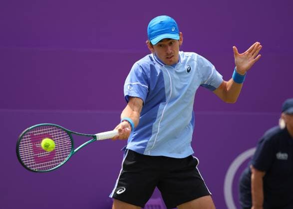 18th June 2024; Cinch Championships, Queens Club, West Kensington, London, England: Cinch Championships Queens Club, Day 2; Alex DE MINAUR (AUS) with a forehand shot to Lorenzo MUSETTI (ITA), mens singles match  ActionPlus12656188 JohnxPatrickxFletcher