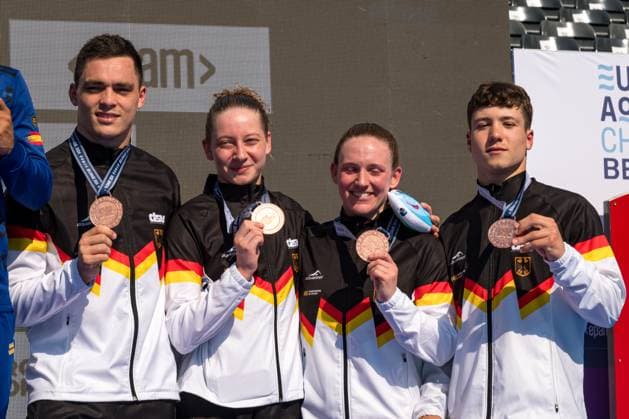 Sport Themen der Woche KW25 Coordes Carolina, Rother Jana Lisa Massenberg Lou, Avila Sanchez Luis Carlo of Germany shows the bronze medal after competing Mixed - 3m 10m Team Event final during European Aquatics Championships Belgrade 2024 at the Sports Center Milan Gale Muskatirovic in Belgrade (Serbia), June 17, 2024. PasqualeXMesiano