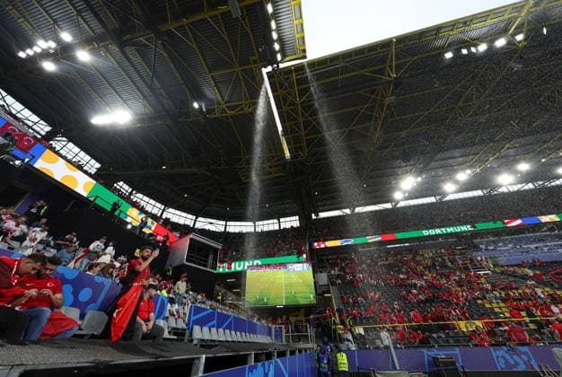Rain water comes in through the roof before the start of the match Turkiye v Georgia, UEFA European Championship, EM, Europameisterschaft 2024, Group F, Football, BVB Stadion, Dortmund, Germany, 18 Jun 2024 EDITORIAL USE ONLY No use with unauthorised audio, video, data, fixture lists, club league logos or live services. Online in-match use limited to 120 images, no video emulation. No use in betting, games or single club league player publications.  Copyright: xPaulxCurrie Shutterstockx 14543470p