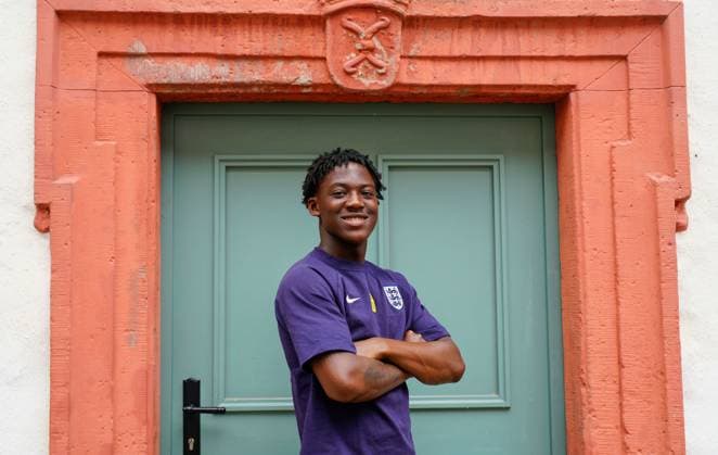 Kobbie Mainoo of England poses for camera at media centre England press conference, PK, Pressekonferenz UEFA European Championship, EM, Europameisterschaft 2024, Group C, Football, Spa & Golf Resort Weimarer Land, Blankenhain, Germany, 18 Jun 2024 EDITORIAL USE ONLY No use with unauthorised audio, video, data, fixture lists, club league logos or live services. Online in-match use limited to 120 images, no video emulation. No use in betting, games or single club league player publications. Copyright: xDavexShopland Shutterstockx 14544732e