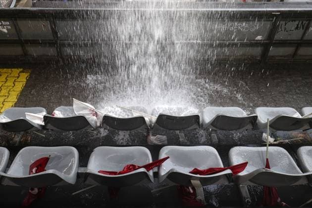 Turkey v Georgia 18 June 2024, Dortmund - UEFA EUROs - Group F - Turkey v Georgia - Water pours through the roof and onto the stadium seats - Photo: Charlotte Wilson Offside. Dortmund Germany Copyright: xCharlottexWilsonx xOffsidexOffside