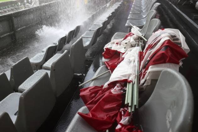 Turkey v Georgia 18 June 2024, Dortmund - UEFA EUROs - Group F - Turkey v Georgia - Wet flags piled up on seats as water pours through the roof - Photo: Charlotte Wilson Offside. Dortmund Germany Copyright: xCharlottexWilsonx xOffsidexOffside