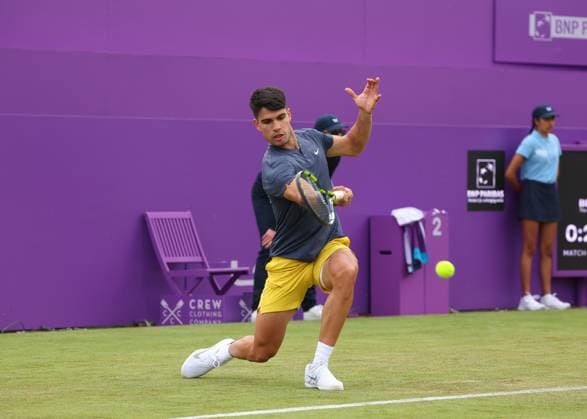 18th June 2024; Cinch Championships, Queens Club, West Kensington, London, England: Cinch Championships Queens Club, Day 2; Carlos Alcaraz (ESP) with a forehand shot to Francisco Cerundolo (ARG), mens singles match  ActionPlus12656372 JohnxPatrickxFletcher