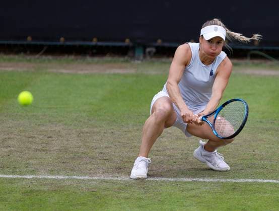 18th June 2024; Edgbaston Priory Club, Birmingham, England: Rothesay Tennis Classic Birmingham, Day 2; Yulia Putintseva (KAZ) plays on her knees in her womens singles match against Clara Burel (FRA)  ActionPlus12656443 RogerxEvans