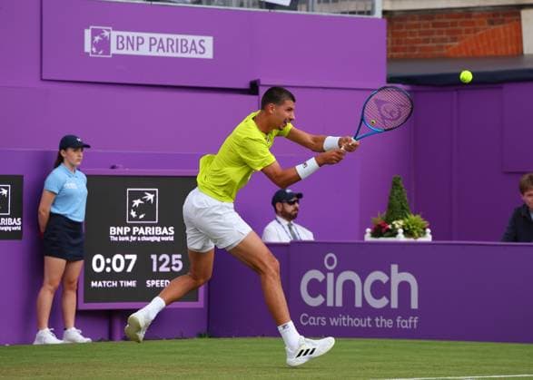 18th June 2024; Cinch Championships, Queens Club, West Kensington, London, England: Cinch Championships Queens Club, Day 2; Alexei Papyrin (AUS) with a backhand shot to Andy Murray (GBR), mens singles match  ActionPlus12656481 JohnxPatrickxFletcher