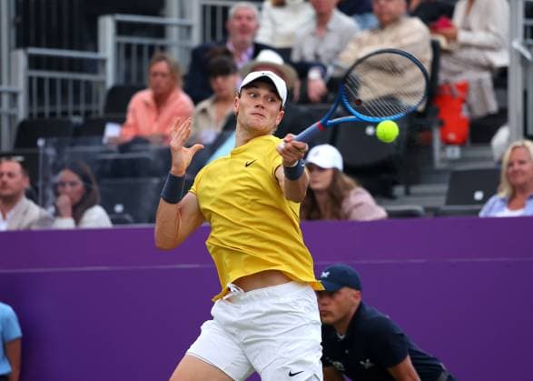 18th June 2024; Cinch Championships, Queens Club, West Kensington, London, England: Cinch Championships Queens Club, Day 2; Jack Draper (GBR) with a forehand shot to Mariano Navone (ARG), mens singles match  ActionPlus12656650 JohnxPatrickxFletcher