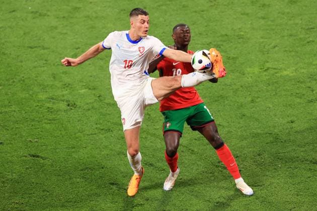 Football - UEFA EURO, EM, Europameisterschaft,Fussball 2024 - Group F - Portugal v Czech Republic 18th June 2024 - UEFA EURO 2024 - Group F - Portugal v Czech Republic - Patrik Schick of Czech Republic and Nuno Mendes of Portugal - Photo: Simon Stacpoole Offside. Leipzig Germany Copyright: xSimonxStacpoolexOffside