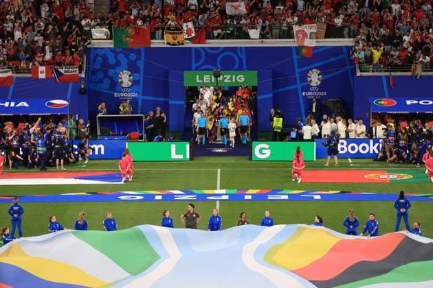 Football - UEFA EURO, EM, Europameisterschaft,Fussball 2024 - Group F - Portugal v Czech Republic 18th June 2024 - UEFA EURO 2024 - Group F - Portugal v Czech Republic - The players walk out of the tunnel - Photo: Simon Stacpoole Offside. Leipzig Germany Copyright: xSimonxStacpoolexOffside